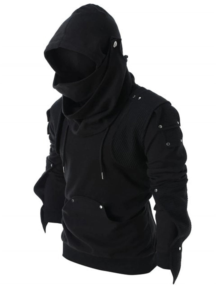 Man Rivet Long Sleeve Drawstring Pullover Black Hoodie-xinru