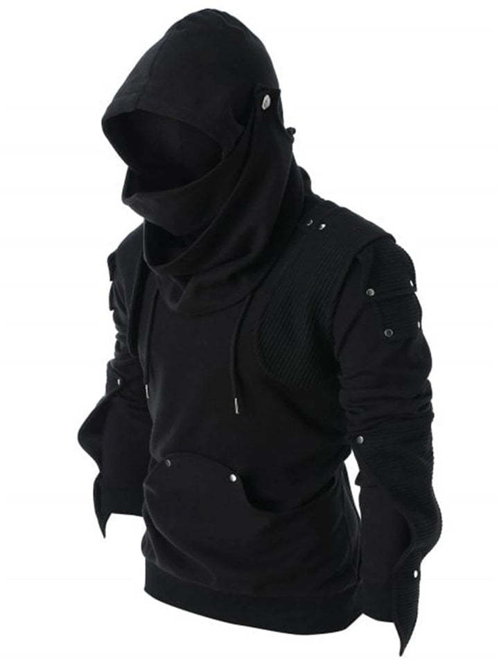 Man Rivet Long Sleeve Drawstring Pullover Black Hoodie-xinru
