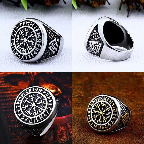 Mens Gold Viking Vegvisir Compass Signet Rune Ring Stainless Steel-xinru