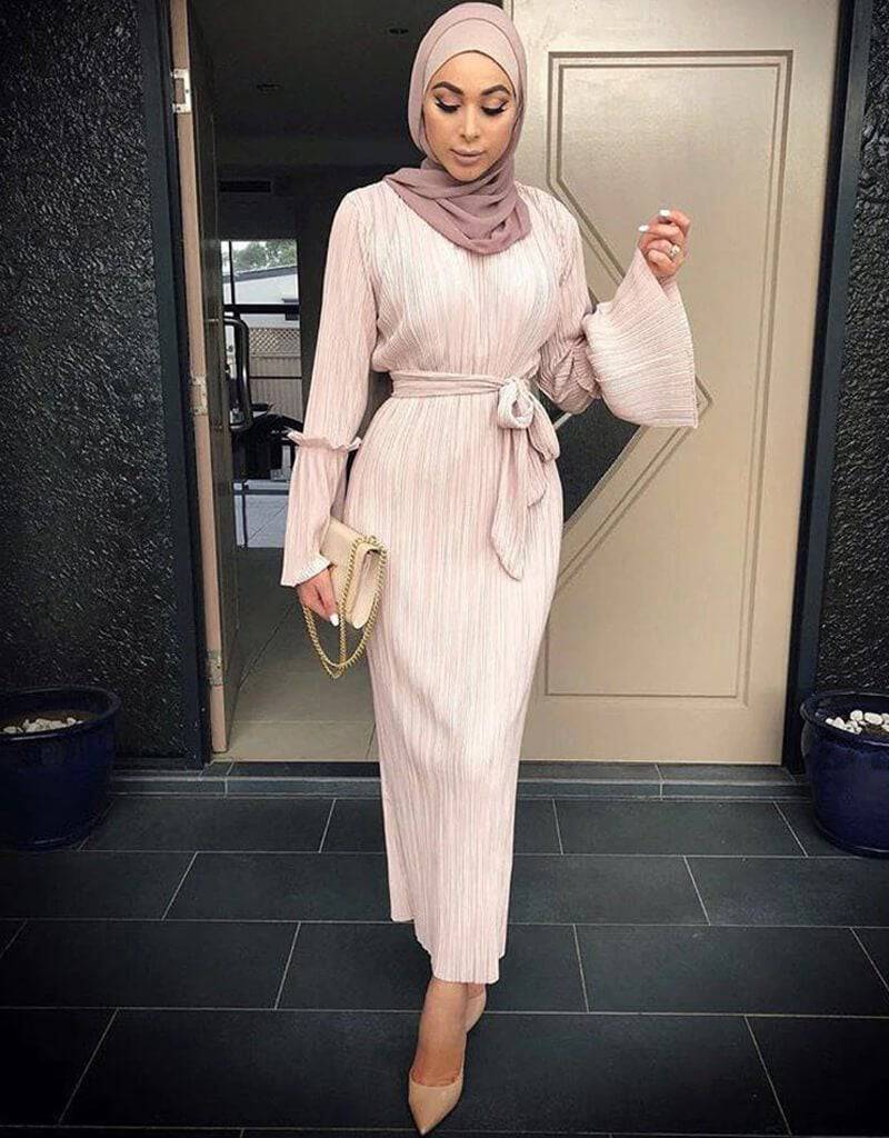Women's Belt Pleated Robe Muslim Dress-xinru