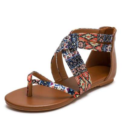 Women's Ethnic Floral Zipper Casual Flat Sandals 2022 Summer Clip Toe Retro Ladies Shoes-xinru
