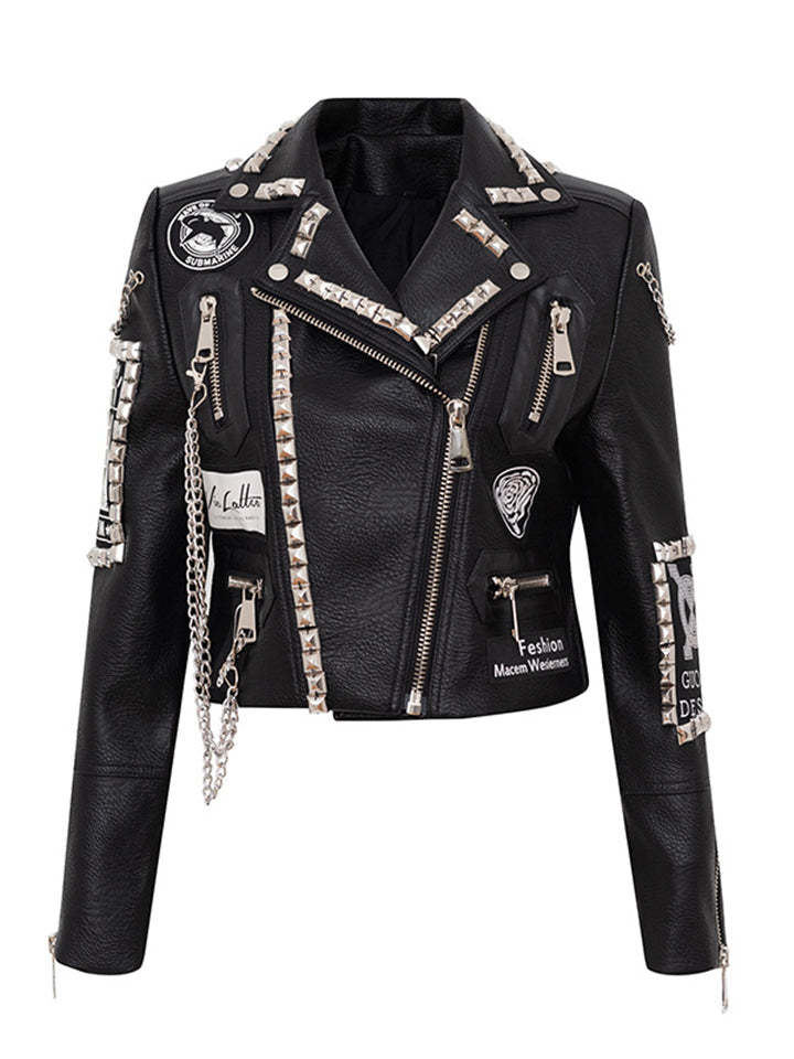 Women Locomotive Cool Punk Style Black Leather Jacket With Chains Rivets-xinru
