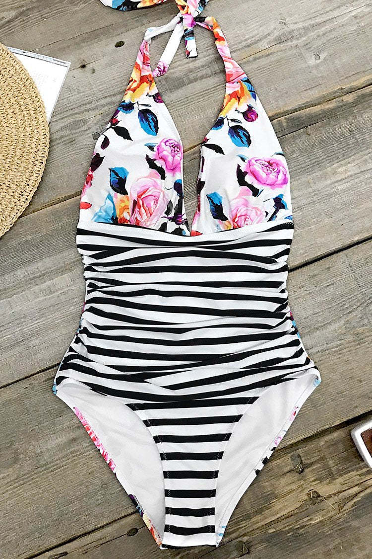 Colorful Floral Stripe Halter One Piece V-neck Swimsuit-xinru shop