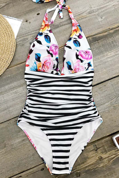 Colorful Floral Stripe Halter One Piece V-neck Swimsuit-xinru shop
