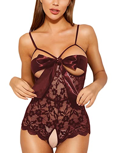 Romwe Women's Self Knot Front Teddy Lingerie One Piece Floral Lace Bodysuit Babydoll-xinru