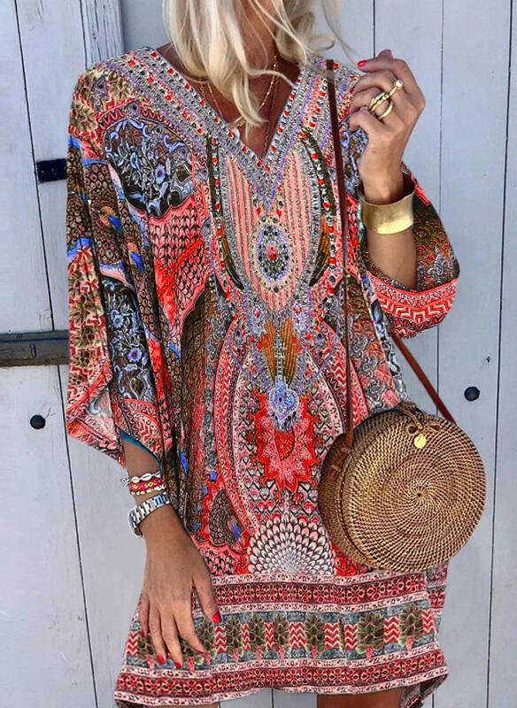 Boho V-Neck Long Sleeve Printed Casual Dress-xinru