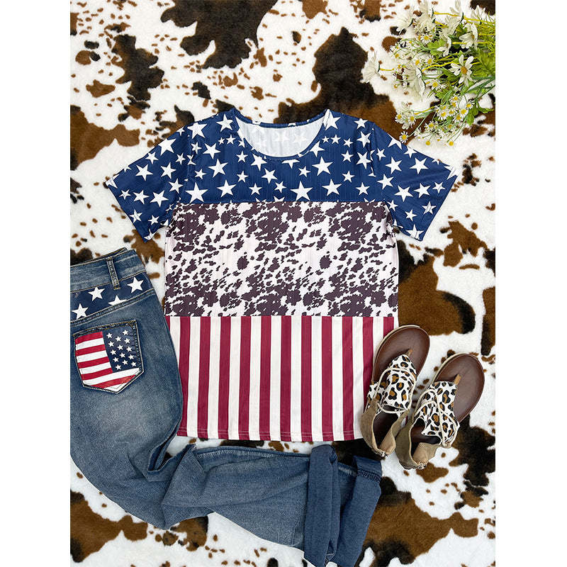 Womn American Flag Color Block T-Shirt independence Day Decor-xinru