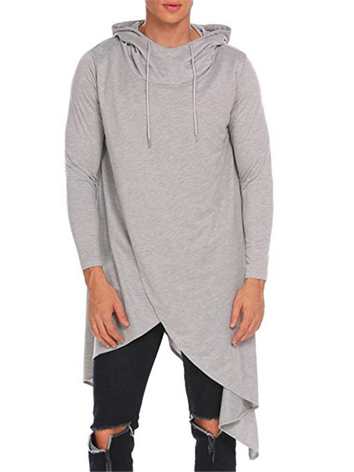 Men Casual Trendy Irregular Hem Design Solid Color Long Hoodies-xinru