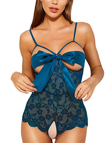 Romwe Women's Self Knot Front Teddy Lingerie One Piece Floral Lace Bodysuit Babydoll-xinru