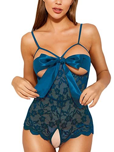 Romwe Women's Self Knot Front Teddy Lingerie One Piece Floral Lace Bodysuit Babydoll-xinru