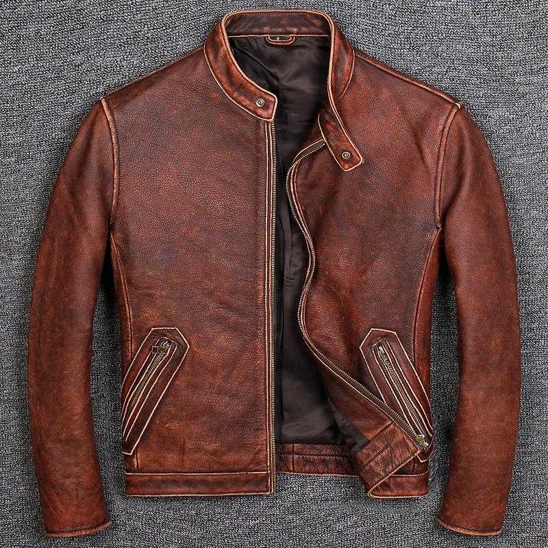 Stand-up Collar Slim-fit Leather Biker Jacket-xinru shop