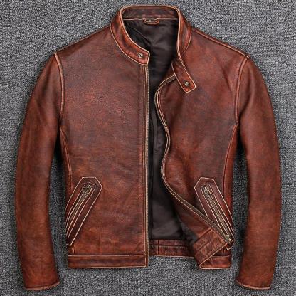 Stand-up Collar Slim-fit Leather Biker Jacket-xinru shop