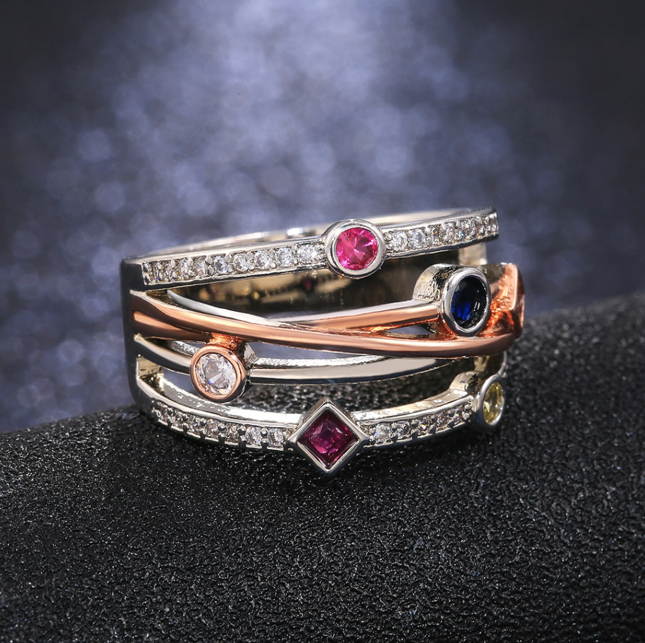 Colorful Multi-strand Cross Pattern Geometric Cubic Zirconia Rings-xinru