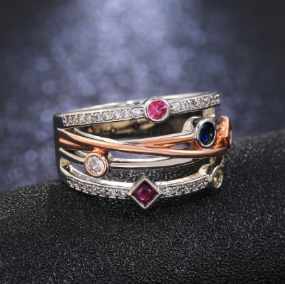 Colorful Multi-strand Cross Pattern Geometric Cubic Zirconia Rings-xinru