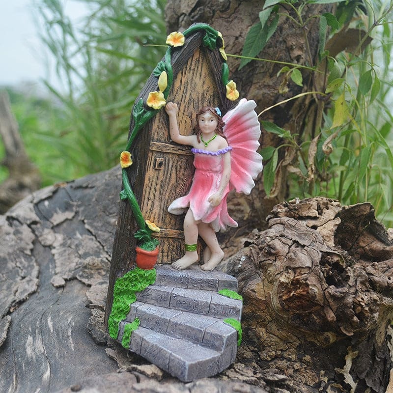 Fairy Garden Statue Small Elf Knocking On The Door Handmade Resin Art Ornament-xinru