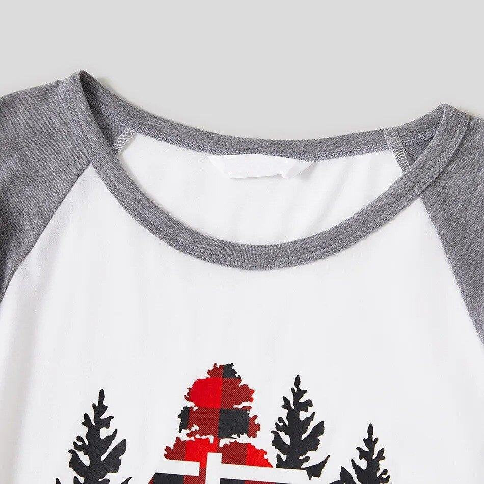 Christmas Tree House and Letter Print Grey Family Matching Raglan Long-sleeve Plus Size Pajamas Sets-xinru shop