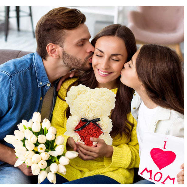 Mother's Day Gift Artificial Rose Teddy Bear Flower Bear With Box String Lights-xinru