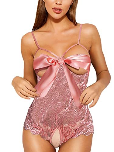 Romwe Women's Self Knot Front Teddy Lingerie One Piece Floral Lace Bodysuit Babydoll-xinru