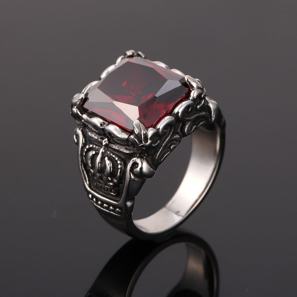 Vintage Stainless Steel Ruby Crystal Crown Ring For Men-xinru