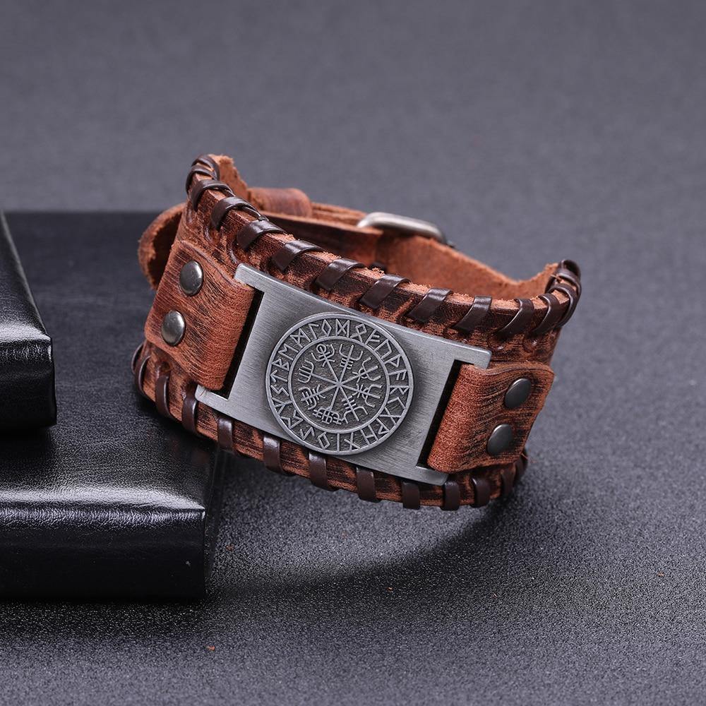 Viking Compass Leather Bracelet Vegvisir Wristband-xinru