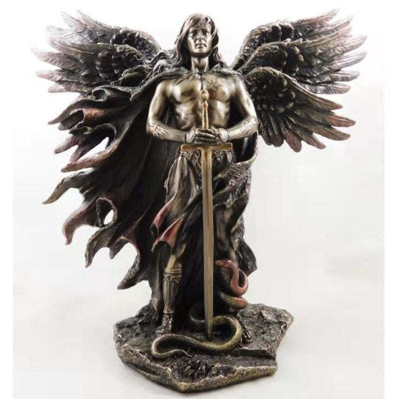 Bronze Six Wing Guardian Angel With Sword Snake Big Wings Statue Home Decor-xinru