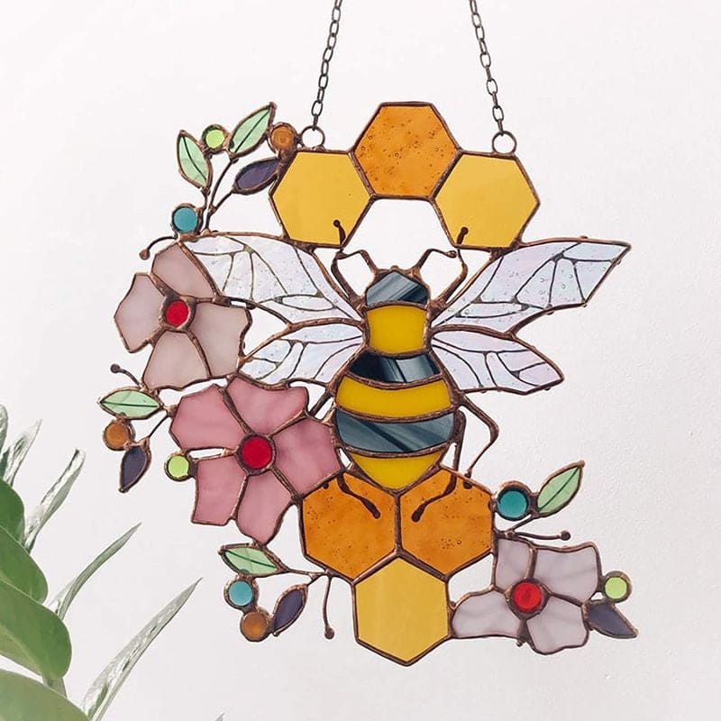 Honeycomb Stained Glass Window Bee Hanging Ornament Garden Decor-xinru
