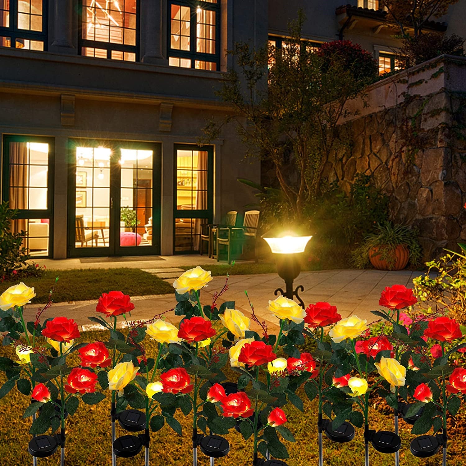 2 Packs Solar Rose Flower Stake Lights With 6 Rose Flowers-xinru