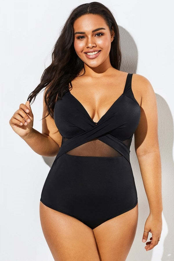 Black Cut Out Mesh Underwire One Piece Swimsuit-xinru shop