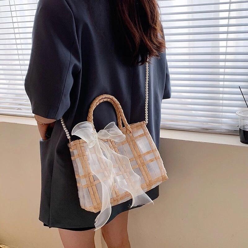 透明なわら織りのハンドバッグ-xinru shop