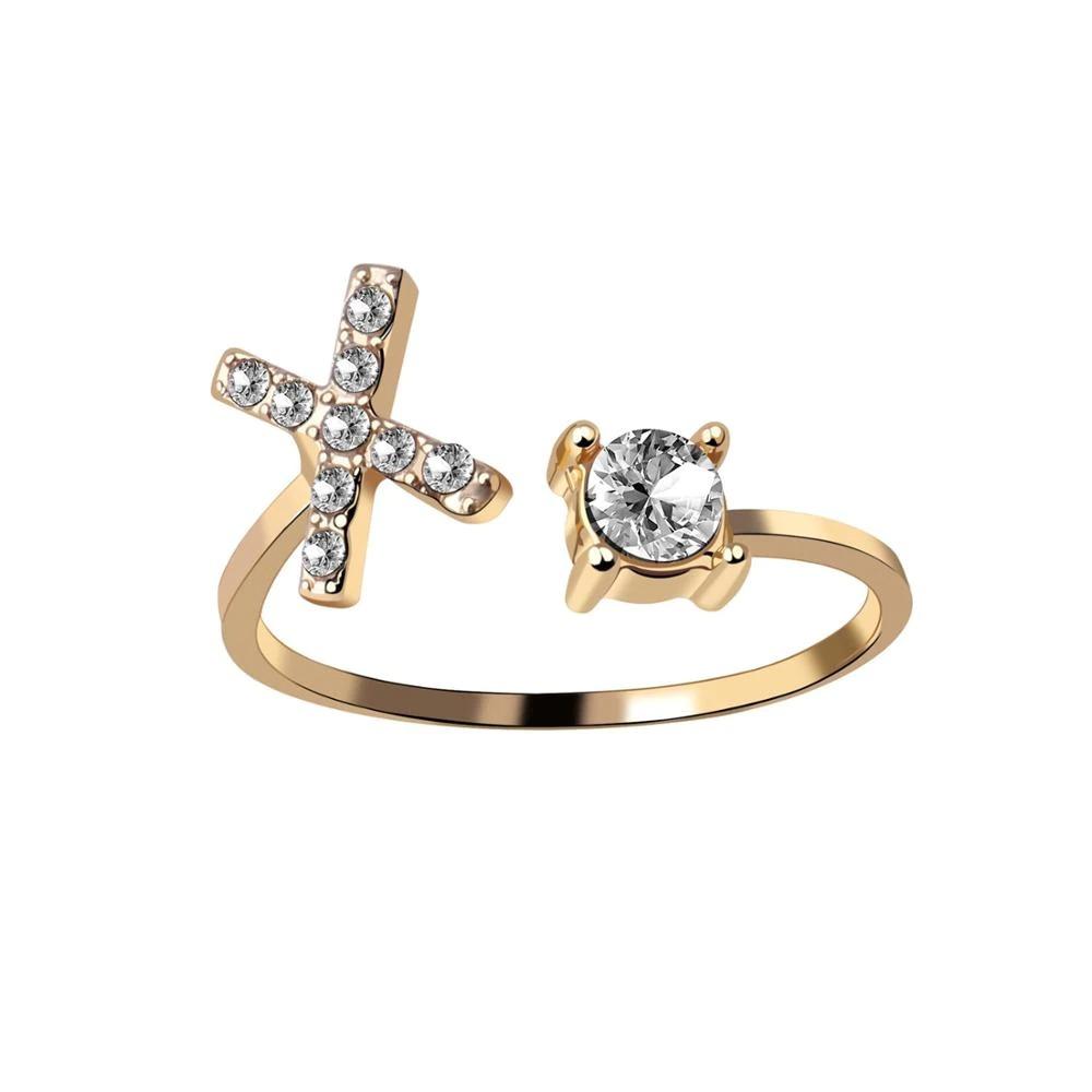 Golden Adjustable A-Z Personalized Initial Letter with Rhinestone Rings-xinru