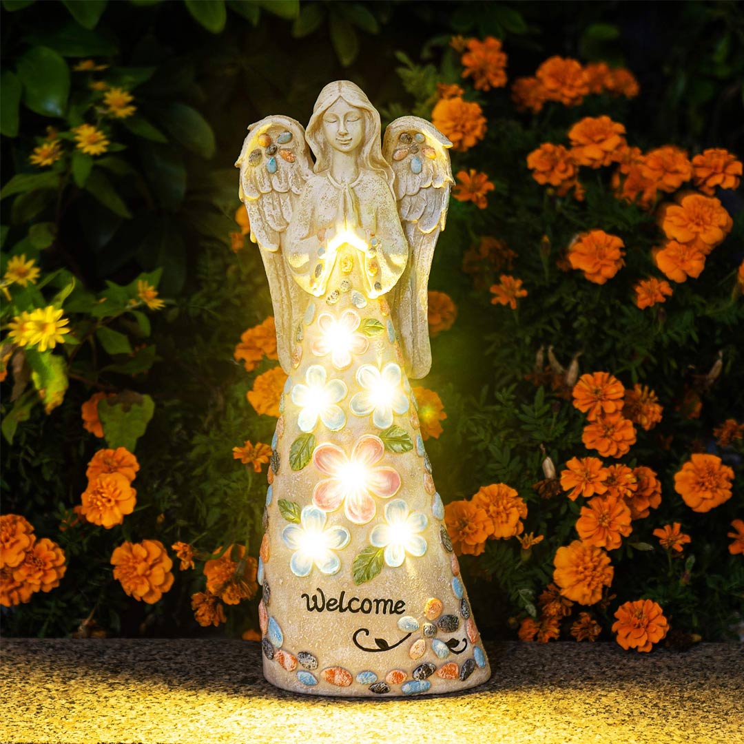 Garden Figurine Angel Statue Welcome Sign Solar Sculpture-xinru