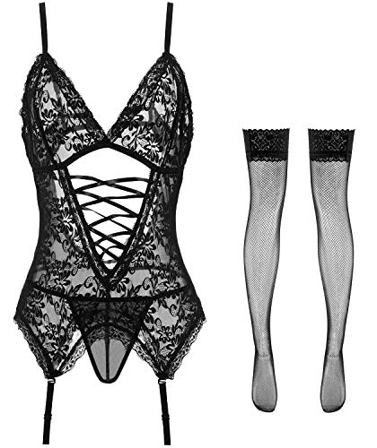 Anyou Womens Lingerie Stretchy Lace Teddy Plus Size Bodysuit Chemise Nightwear with Stockings Size S-XXXXL-xinru shop