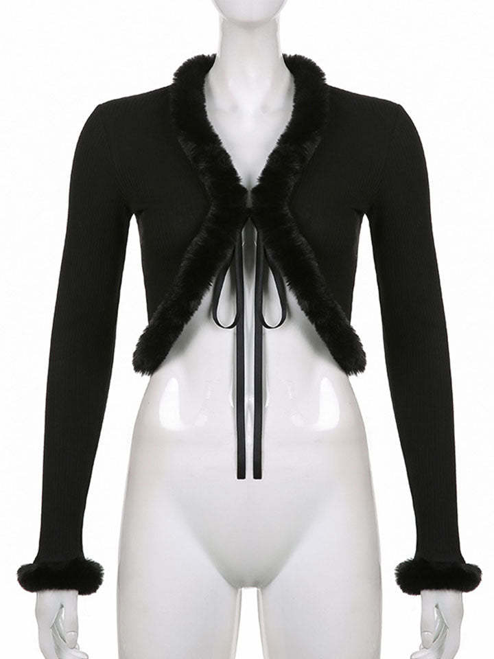 Women Sexy Ribbed Split Lace Up V Neck Feather Sleeve Shirt-xinru