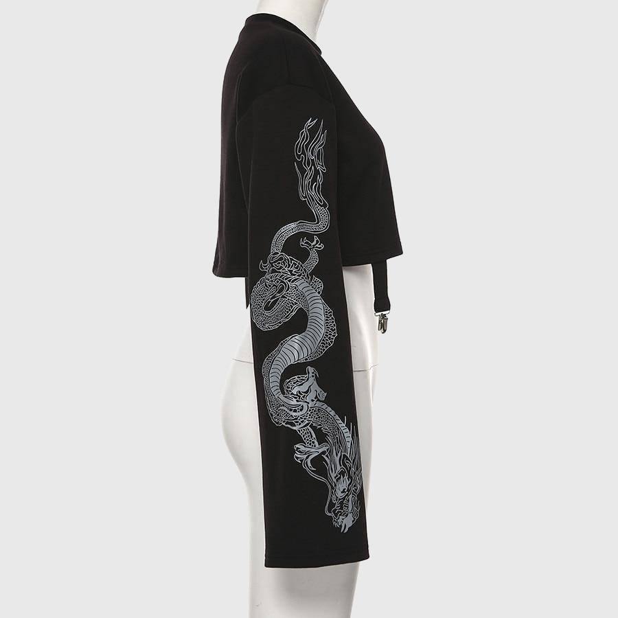 Women Midriff-baring Sweatershirt Dragon Print Sleeve Crop Tops With Chains-xinru