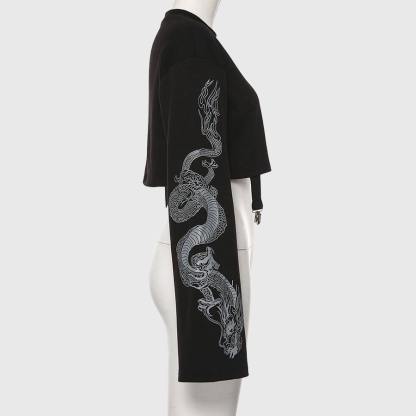 Women Midriff-baring Sweatershirt Dragon Print Sleeve Crop Tops With Chains-xinru
