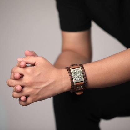 Viking Compass Leather Bracelet Vegvisir Wristband-xinru