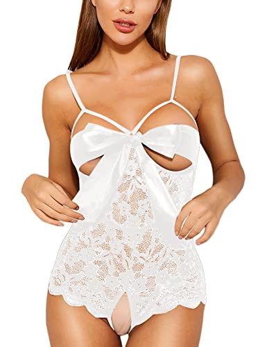 Romwe Women's Self Knot Front Teddy Lingerie One Piece Floral Lace Bodysuit Babydoll-xinru