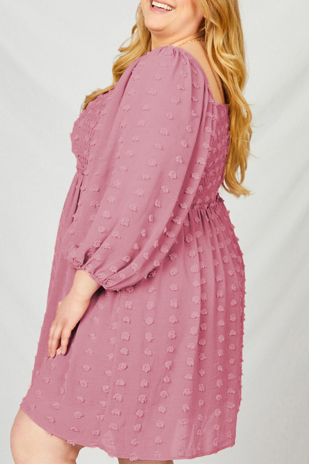 Pink Swiss Dot Smocked Puff Sleeve Plus Size Dress-xinru
