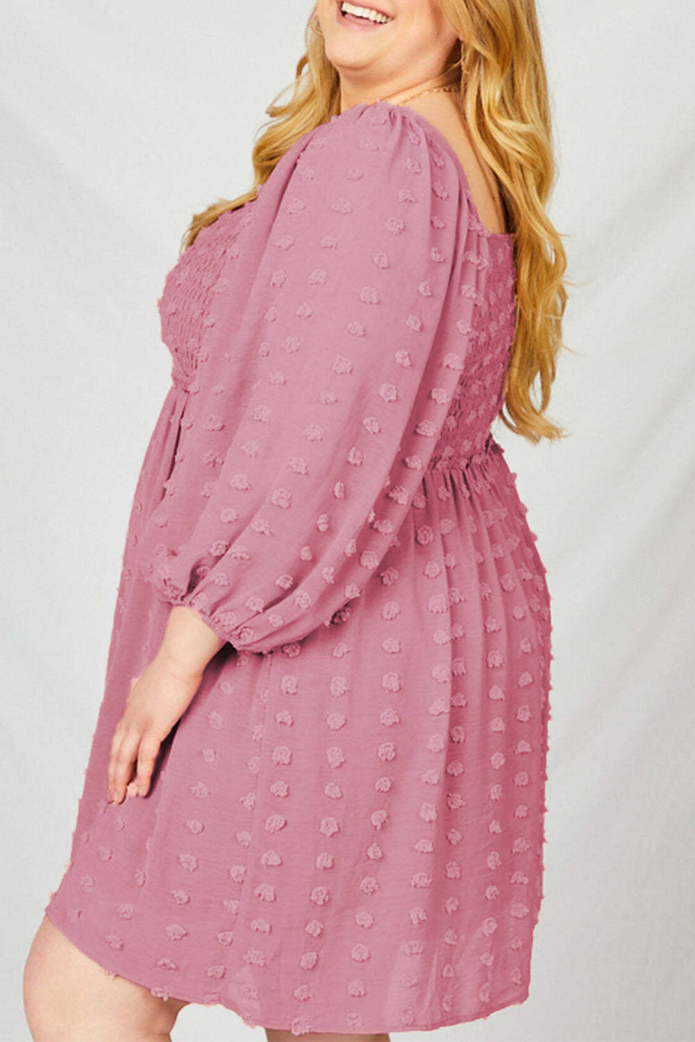 Pink Swiss Dot Smocked Puff Sleeve Plus Size Dress-xinru