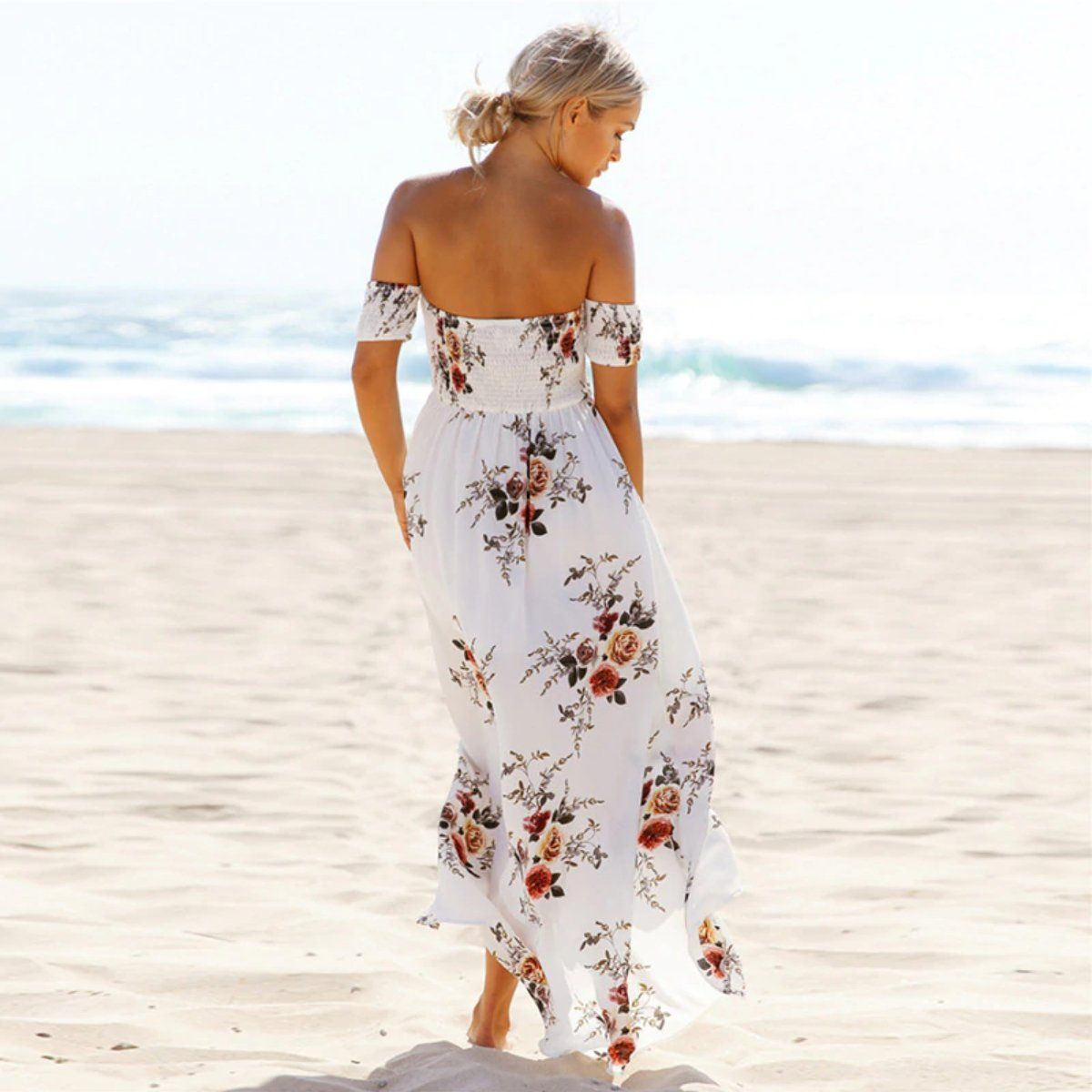 Off Shoulder Beach Floral Summer Dress-xinru