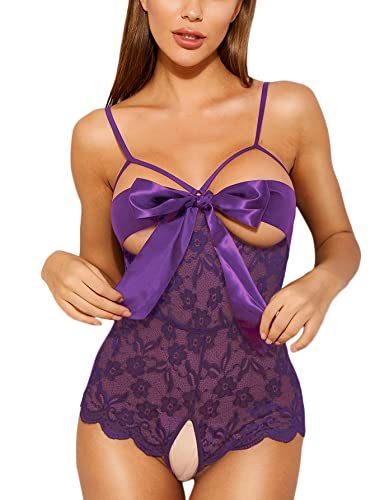 Romwe Women's Self Knot Front Teddy Lingerie One Piece Floral Lace Bodysuit Babydoll-xinru