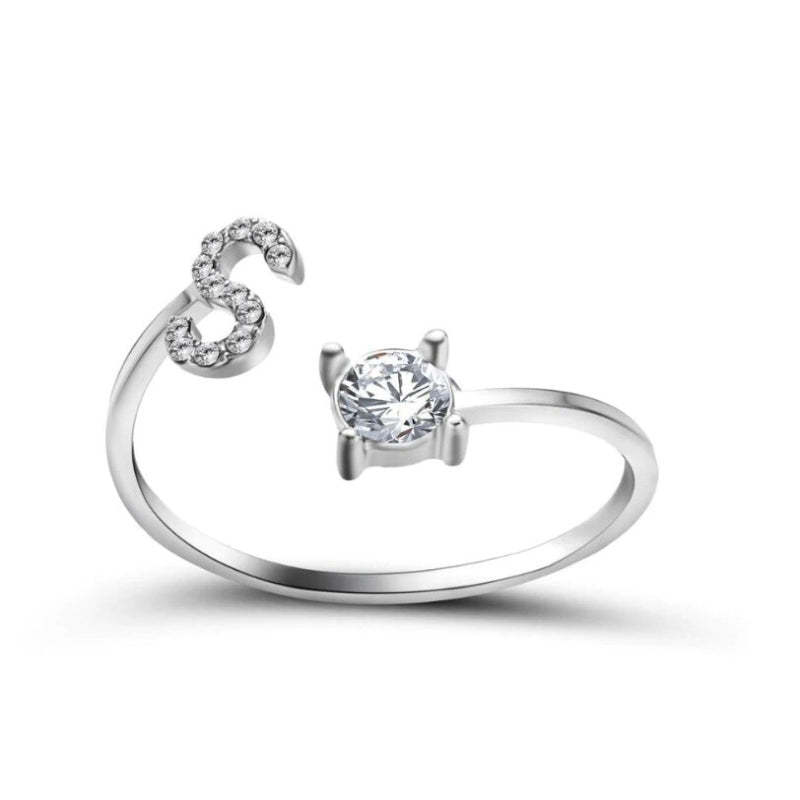 Golden Adjustable A-Z Personalized Initial Letter with Rhinestone Rings-xinru