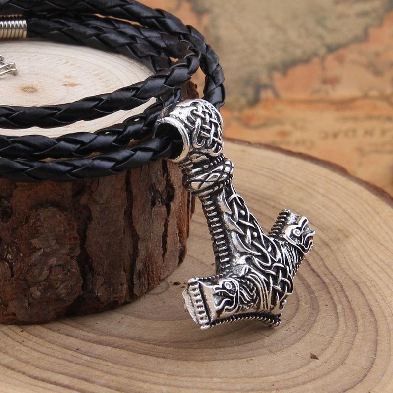 Men閳ユ獨 Stainless Steel Vikings Thor's Hammer Scandinavian Amulet Necklace Pendant-xinru