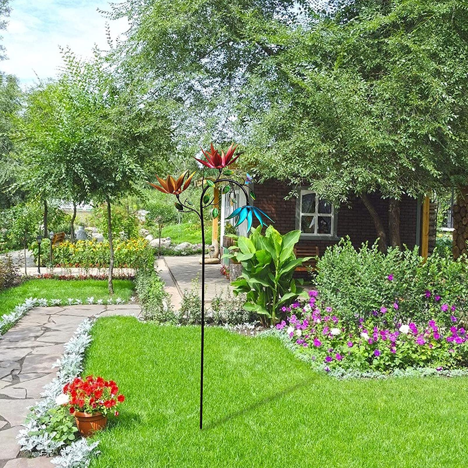Large Metal Wind Spinner with Three Spinning Flowers And Butterflies-xinru