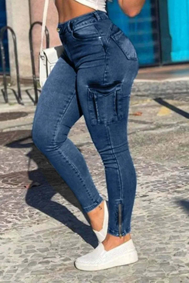 Flap Pocket Zipper Side Skinny Jeans-xinru