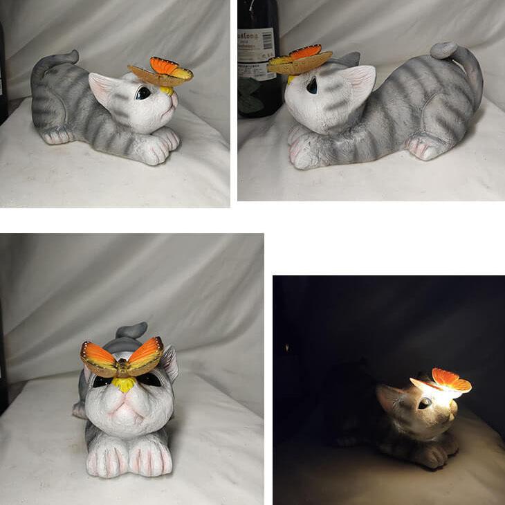 Garden Statue Solar Cat Resin with Butterfly Resin LED Night Light-xinru