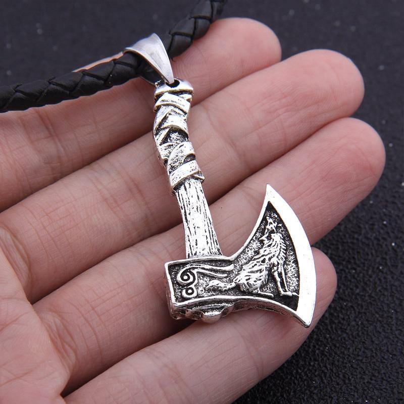 Mens Viking Wolf Raven Axe Pendant Necklace Stainless Steel Chain-xinru