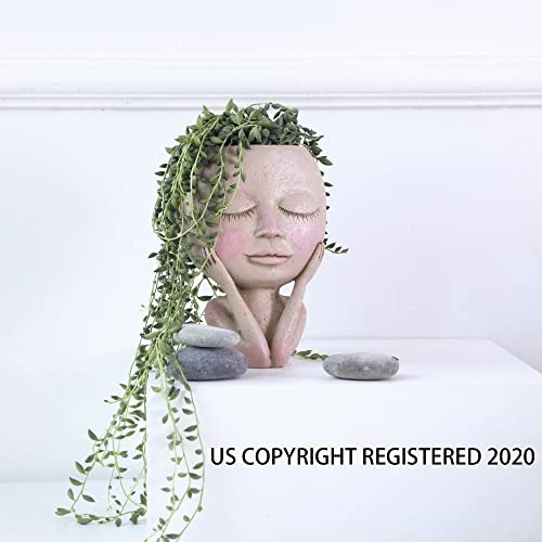 Face Flower Pot Head Planter Pot Succulent Planter Cute Resin Cactus Planter With Drainage Hole Closed Eyes-xinru shop