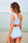 Striped One Shoulder High Waist Bikini Set-xinru shop