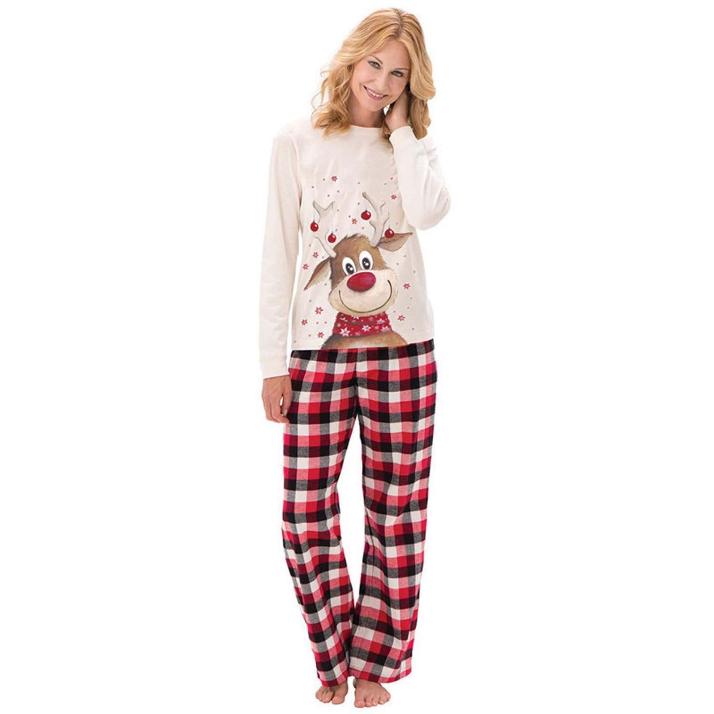 Plus Size Long/Short Sleeve Cute Deer Print Plaid Matching Pajamas Set for Family-xinru shop